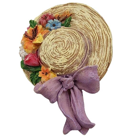 Vintage Resin Easter Bonnet Brooch • Straw Hat, Flowers & Purple Bow - Picture 1 of 5